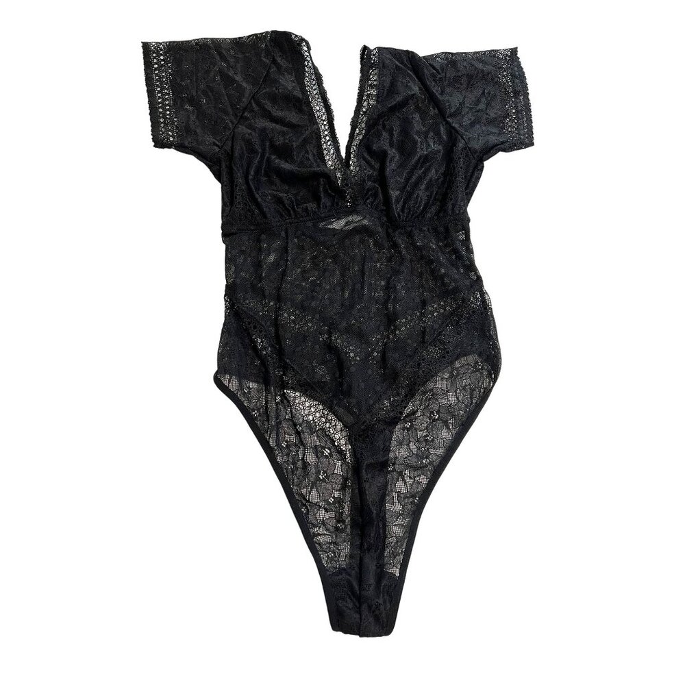 Mucci Roma Sheer Lace Short Sleeve Bodysuit in Black
